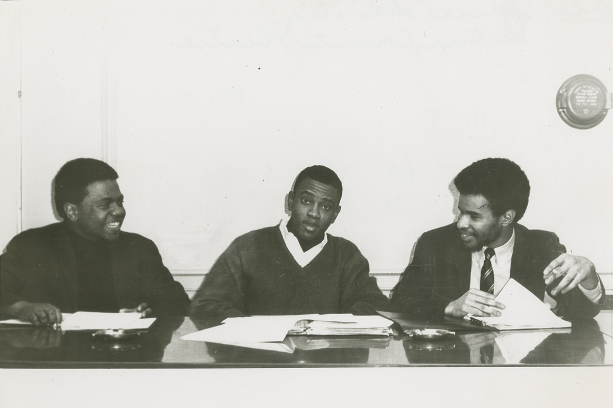 A black and white photo of the founders of the Association of Black Collegians.