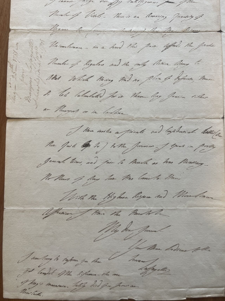 Photo of a letter from the Marquis de Lafayette to Gen. George Washington.