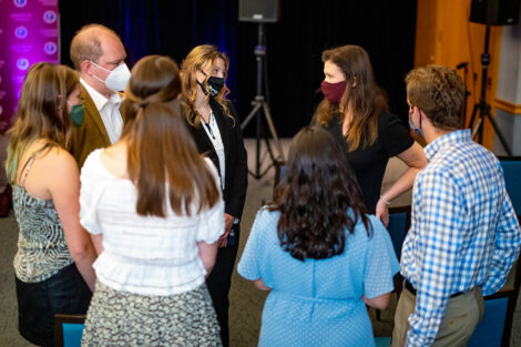 Nicole Hurd chats with students in the Marlo Room