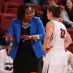 Lafayette women's basketball coach Kia Damon instructs a player.